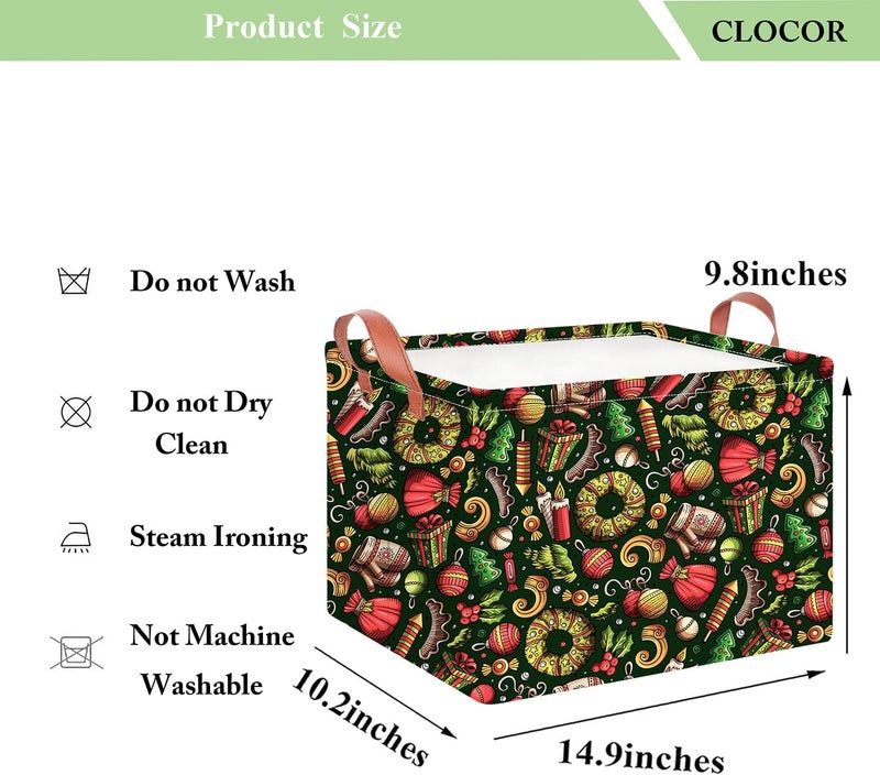 CLOCOR Rectangular Storage Basket,Collapsible Cute Pattern Storage Bin,Waterproof Books Box with Handles,Gift Basket(Green Christmas) - Image 2